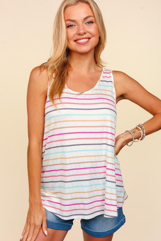 Haptics Round Neck Striped Knit Tank Ivory Fuchsia