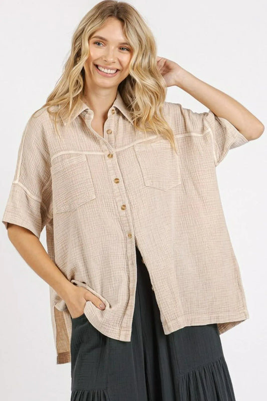 Mittoshop Mineral Wash Gauze Oversized Short Sleeve Shirt Sand