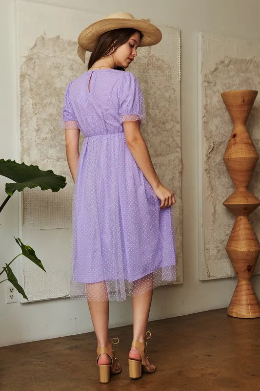 Davi & Dani Mesh Puff Short Sleeve Midi Dress