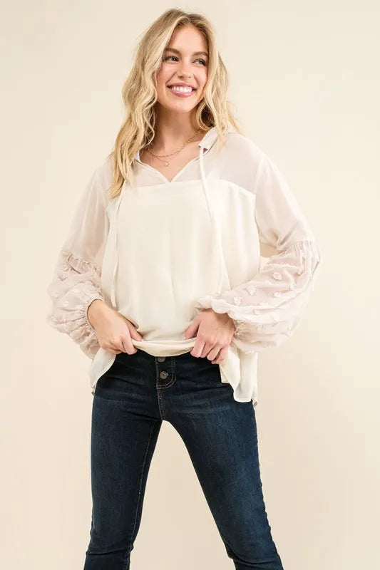 And The Why Polka Dot Balloon Sleeve Woven Blouse CREAM