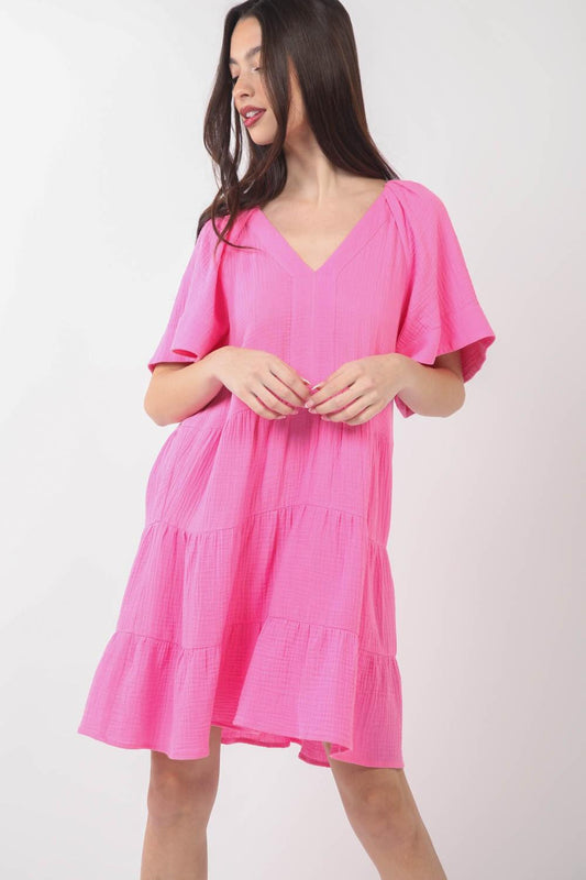 VERY J Texture V-Neck Ruffled Tiered Dress Pink