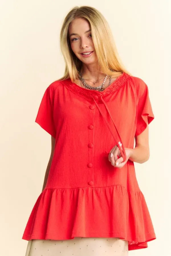 Davi & Dani Solid Lace Trim Neck Short Sleeve Peplum Top TOMATO