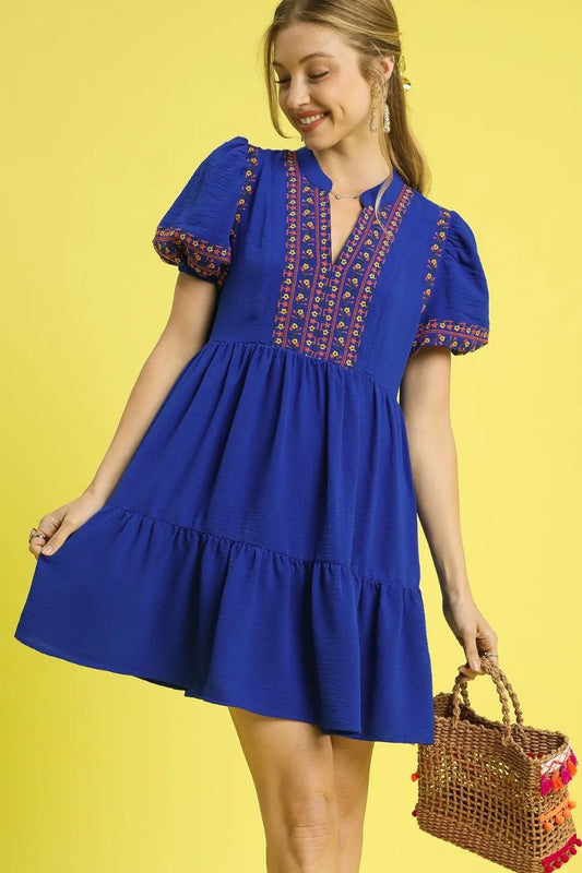 Umgee Floral Trim Puff Sleeve Mini Dress Dark Blue