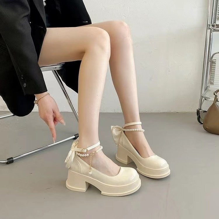 Round Toe Block Heels Pumps Beige