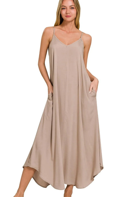 Zenana Woven Arc Hem Cami Dress With Flowy Pockets LT MOCHA