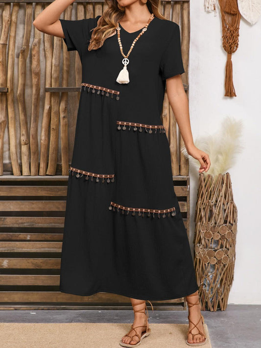 V-Neck Short Sleeve Midi Dress Black