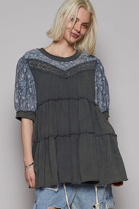 POL Lace Detail Tiered Round Neck Half Sleeve Blouse CHARCOAL