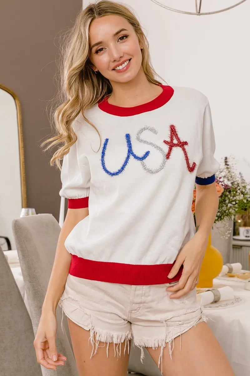 BiBi USA Metallic Letter Color Block Knit Top WHITE RED