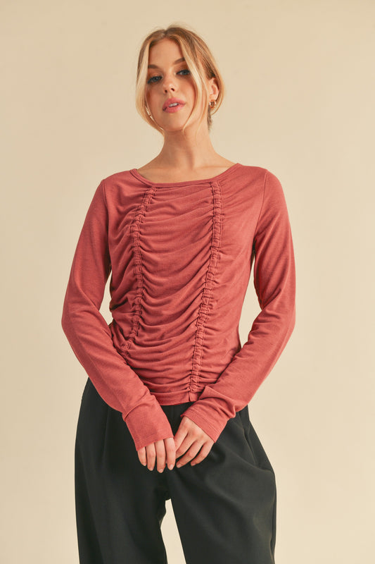 Aemi + Co Ruched Front Round Neck Long Sleeve T-Shirt Marsala
