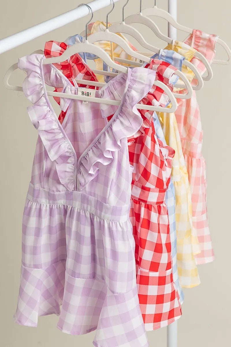 BiBi Ruffled Neckline Sleeveless Check Plaid Peplum Top