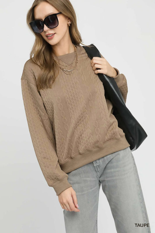 Umgee Cable Texture Pattern Sweatshirt with Ribbed Hem TAUPE