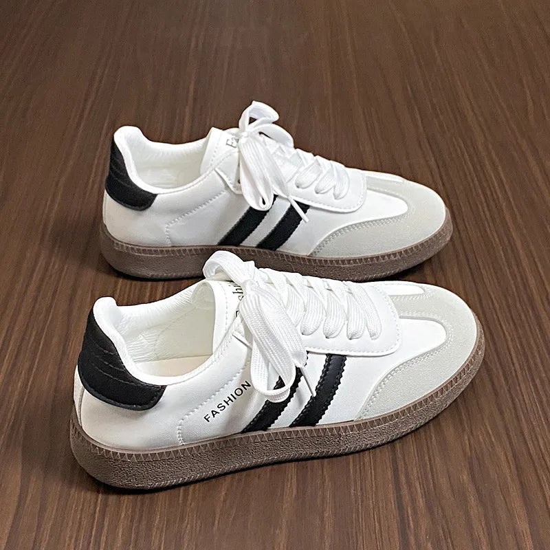 Side Striped Lace Up Round Toe Sneakers White