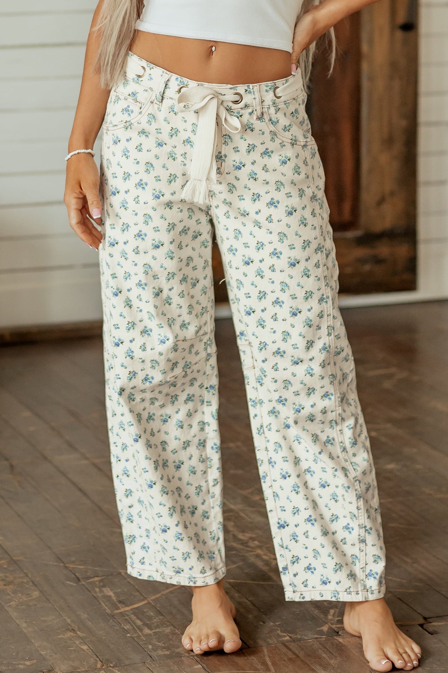 Floral Grommet Knot Waist Barrel Leg Jeans