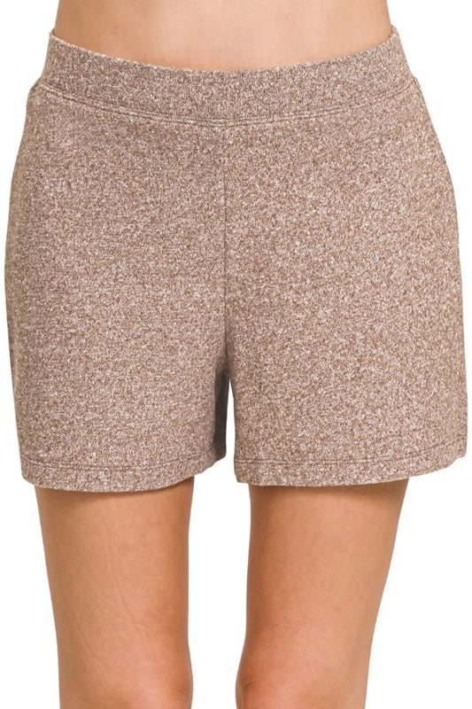 Zenana Soft Melange Hacci Elastic Waisted Shorts BROWN