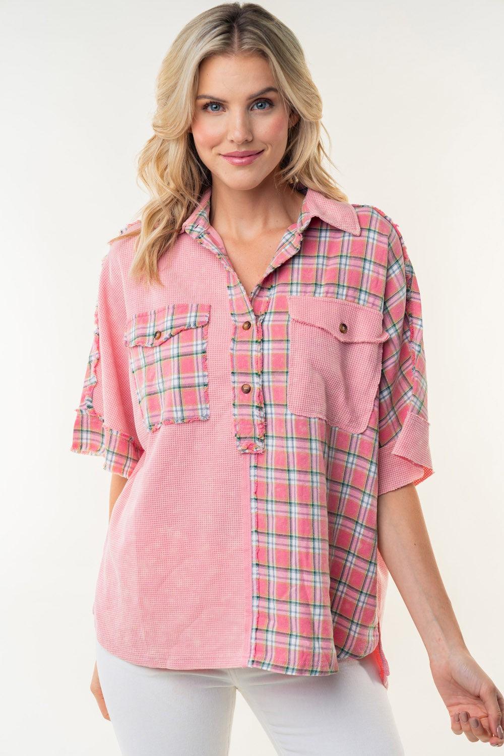 White Birch Plaid Color Block Half Button Top Rose