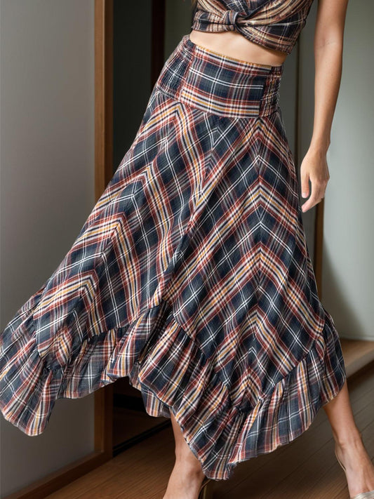 Plaid Asymmetrical Ruffle Hem Skirt Plaid
