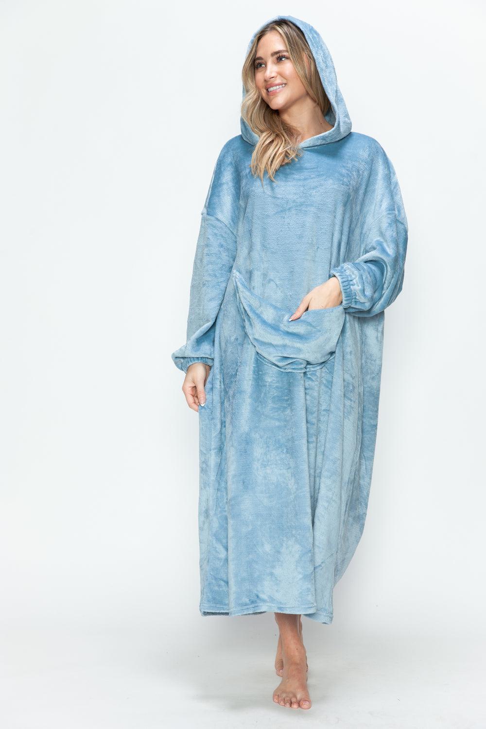 Double Take Full Size Pocketed Hooded Midi Lounge Dress Pastel Blue