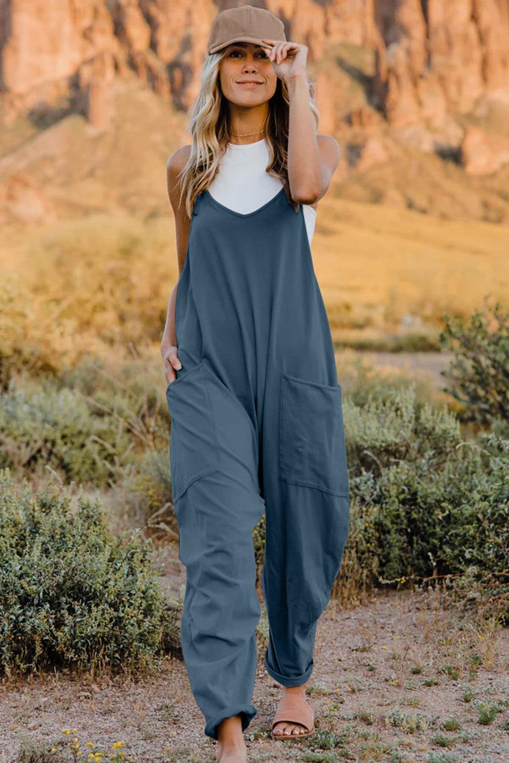 Double Take Full Size V-Neck Sleeveless Jumpsuit with Pockets French Blue