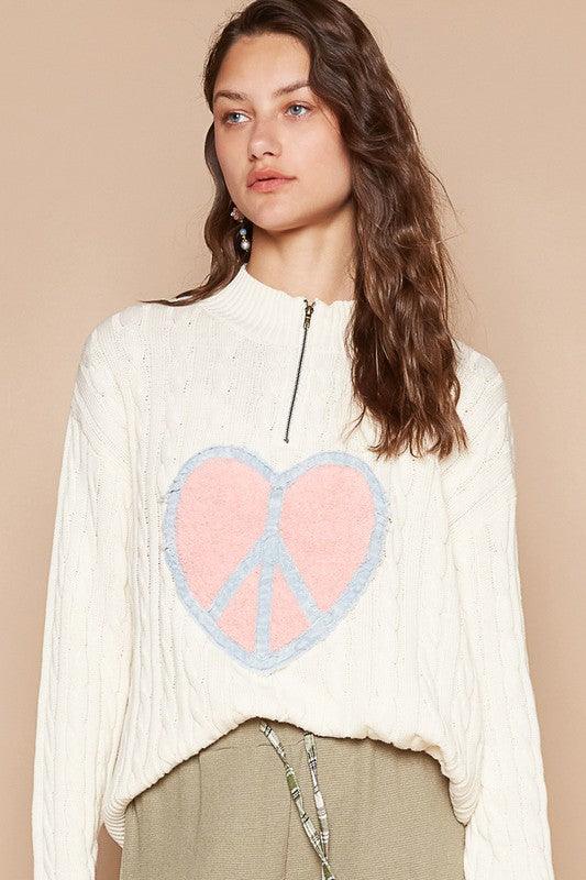 POL Cable-Knit Peace Patch Dropped Shoulder Sweater Ivory
