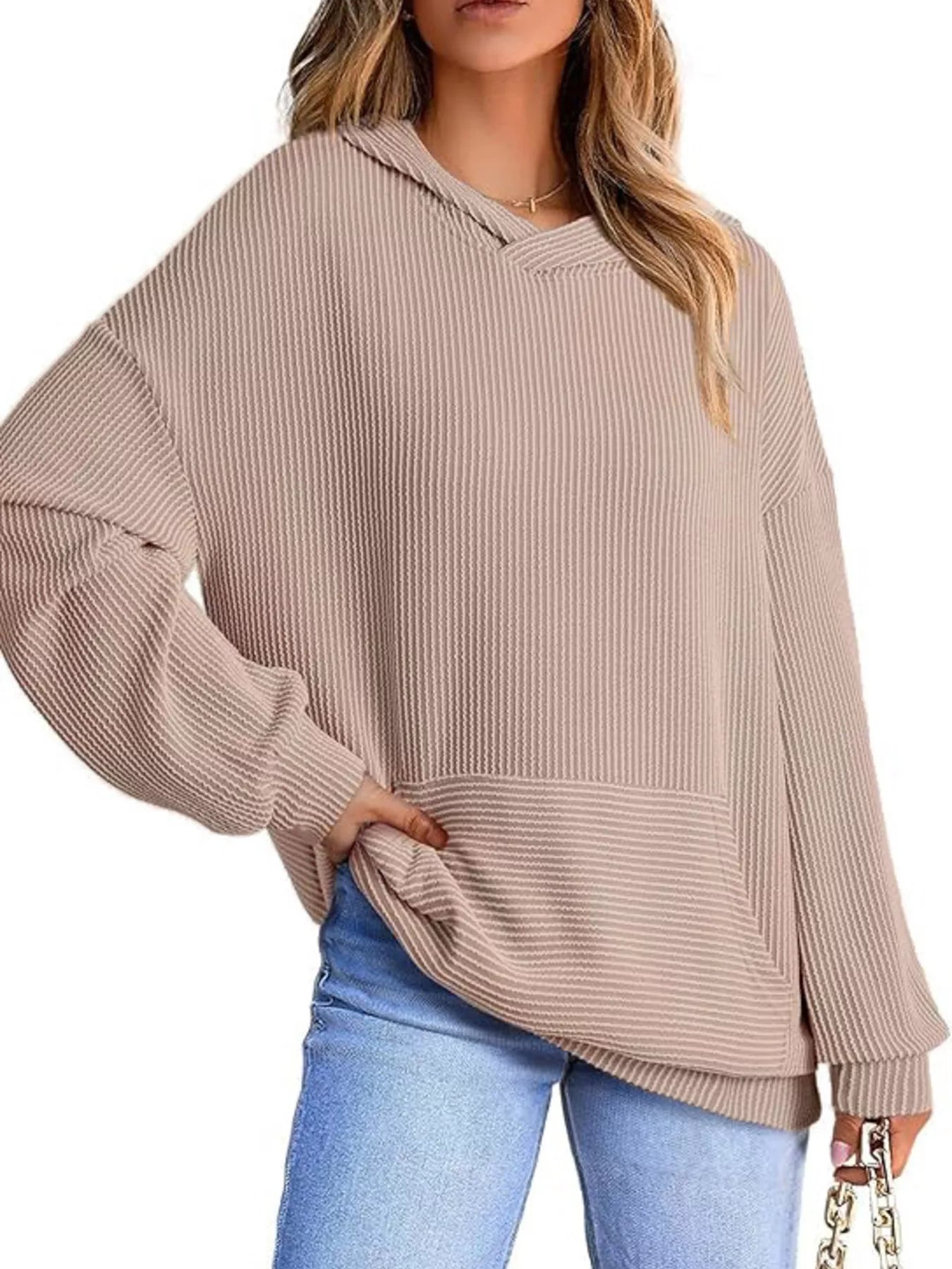 Ribbed Oversized Hoodie Sweatshirt with Pocket