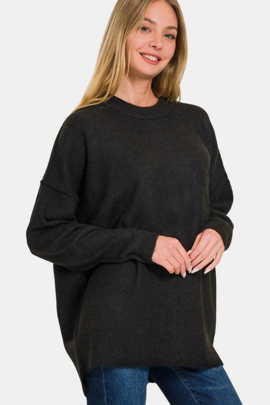 Zenana High-Low Hem Drop Shoulder Sweater Black
