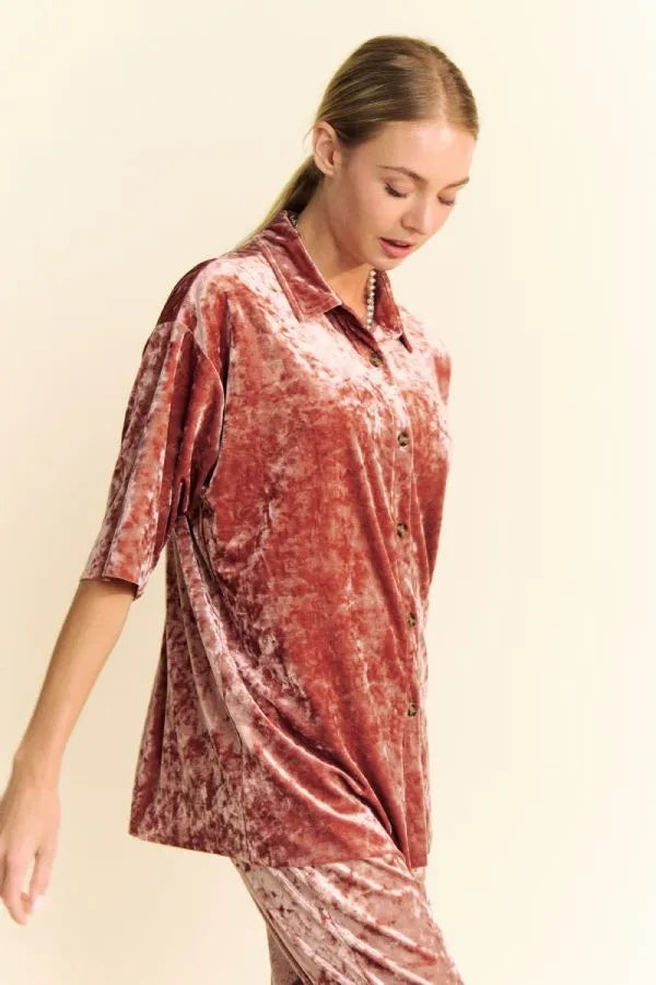 Davi & Dani Crushed Velvet Button Front Easy Lounge Shirt Top