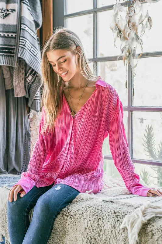 And The Why V Neck Pleated Long Sleeves Shirt