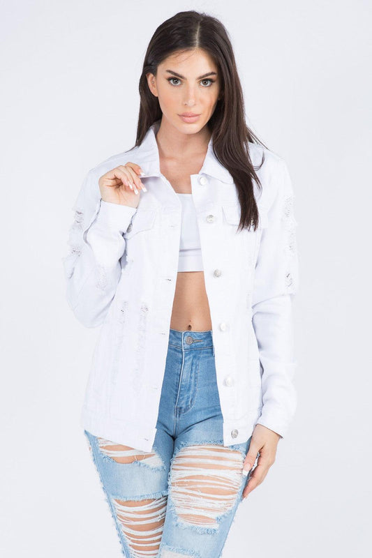 American Bazi Distressed Back Button Down Denim Jacket White