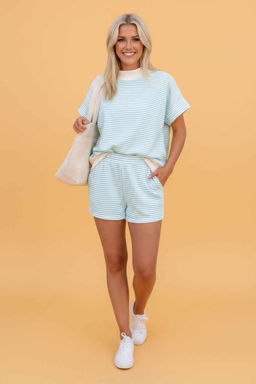 Stripe Contrast Mock Neck Tee & Shorts Set