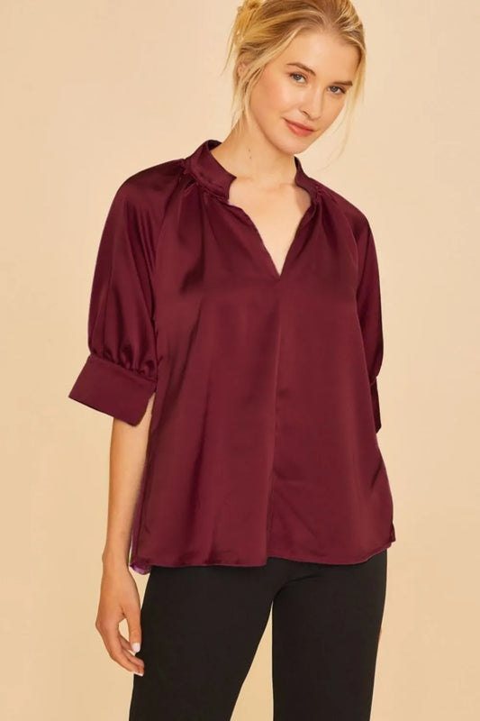 Annie Wear Multi Color Printed V-Neck Open Woven Blouse Top BURGUNDY