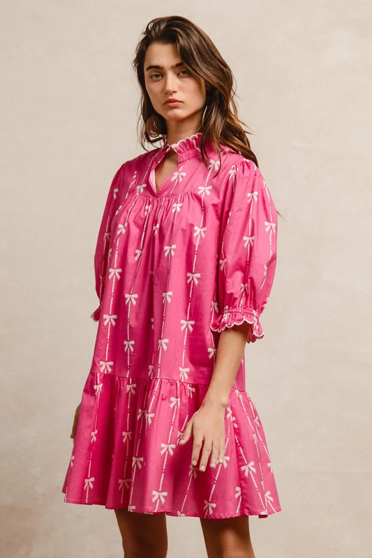 BiBi Ribbon Patterns With Scallops Edge Details Short Sleeve Dress FUCHSIA