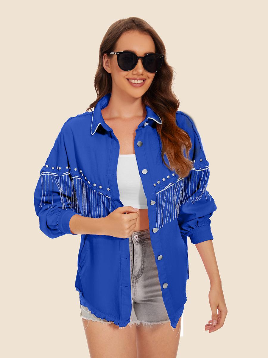 Raw Hem Fringe Detail Denim Jacket Royal Blue