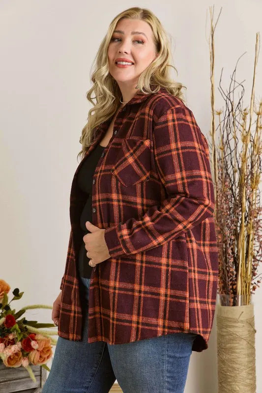 ADORA Full Size Button Down Flannel Shirt Plus Size