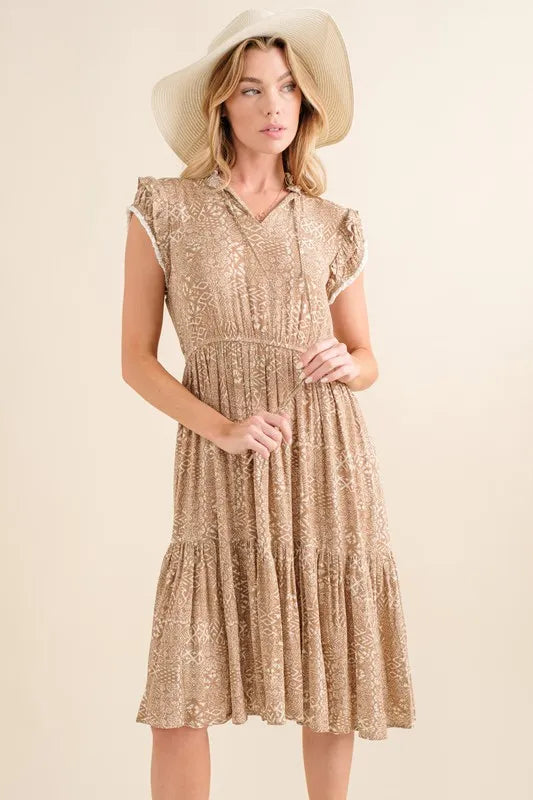 And The Why Boho Printed Tiered Maxi Dress Taupe