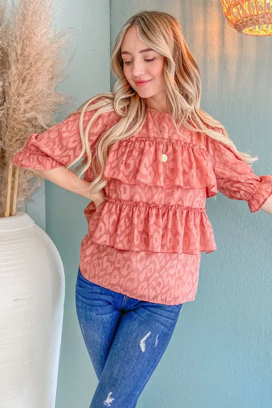 And The Why Leopard Tiered Ruffle Blouse Top