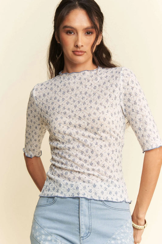 Davi & Dani Lace Stretch Floral Marrow Edge Half Sleeve Top WHITE BLUE MULTI
