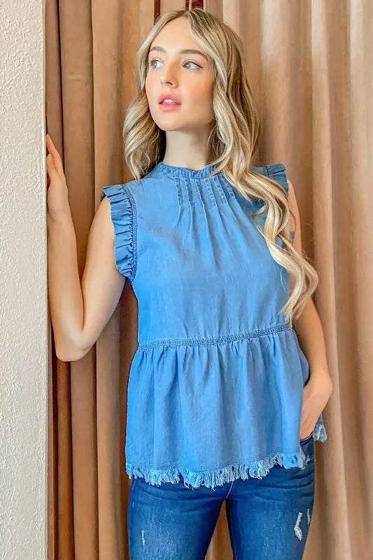 And The Why Chambray Ruffle Sleeveless Top