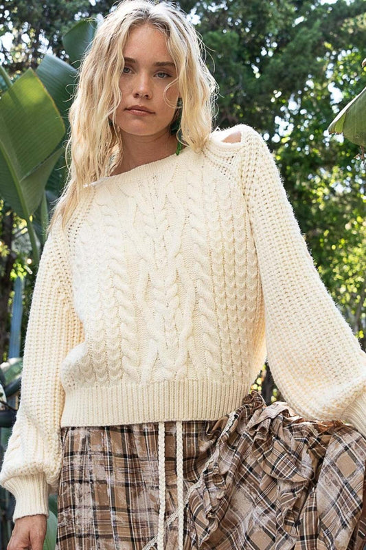 POL Cable Knit Cutout Long Sleeve Sweater Cream