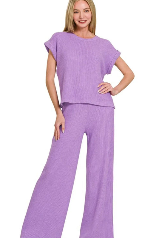 Zenana Rolled Sleeve Top and Pants Sweater Set LAVENDER