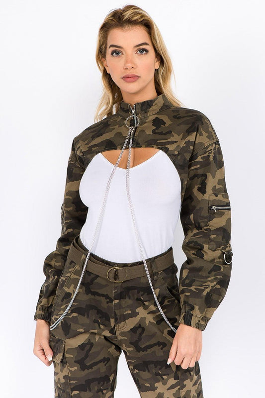 American Bazi Camouflage Cropped Jacket with Chains Olive Camo
