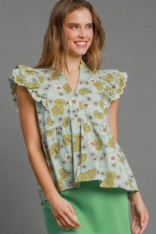 Umgee Full Size Floral Print Peplum Top Plus Size MINT BLUE MIX