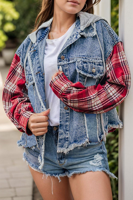 Raw Hem Drawstring Plaid Denim Jacket Medium