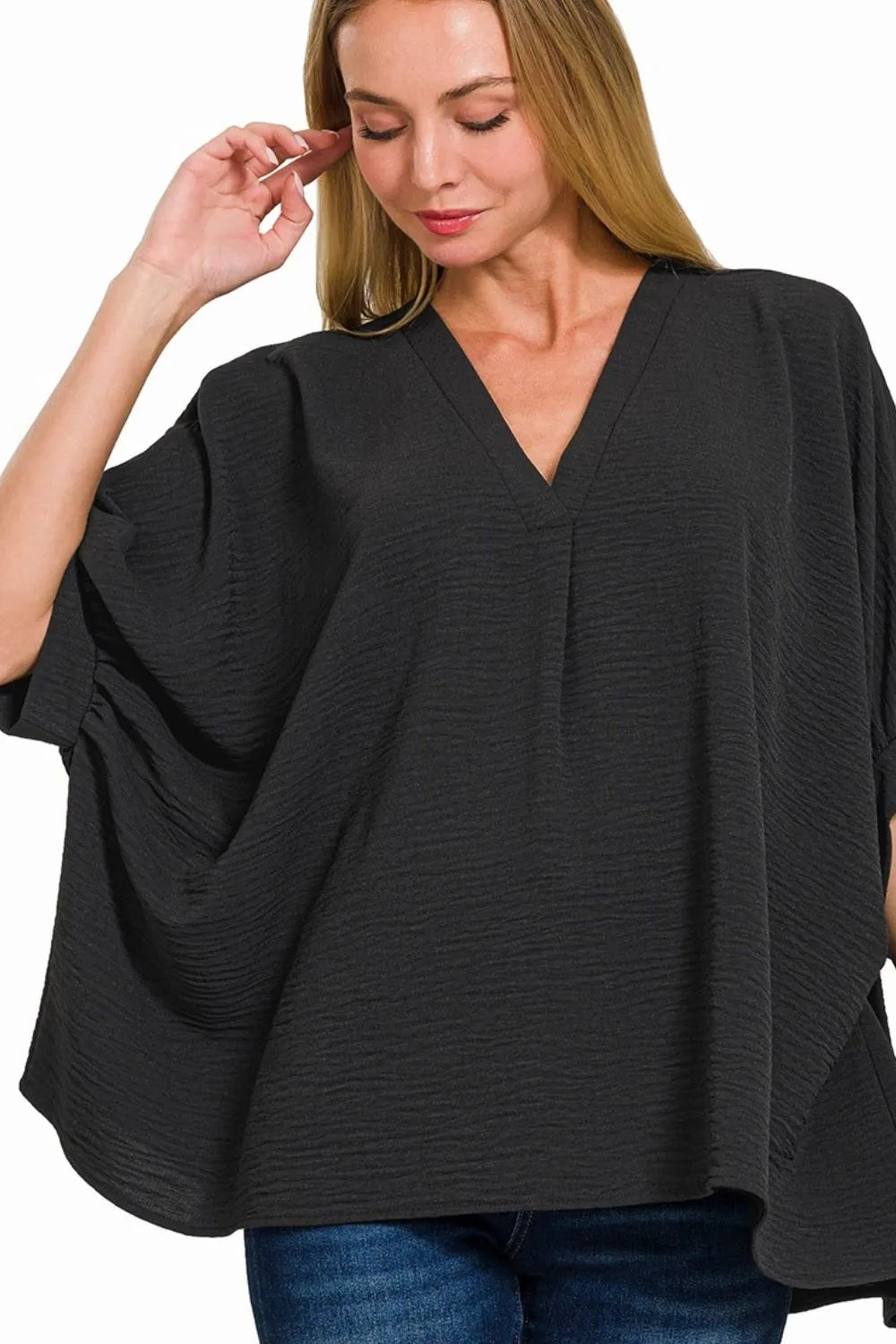 Zenana Woven Airflow V-neck Puff Half Sleeve Top BLACK