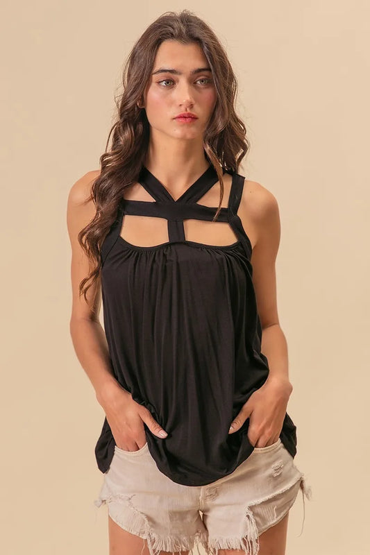 BiBi Rayon Span Jersey Cut Out with Straps Detailed BLACK