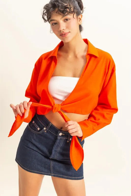 HYFVE Washed Tie Front Crop Top TOMATO