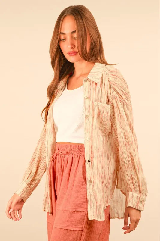 VERY J Plus Size Oversized Printed Button Up Shirt
