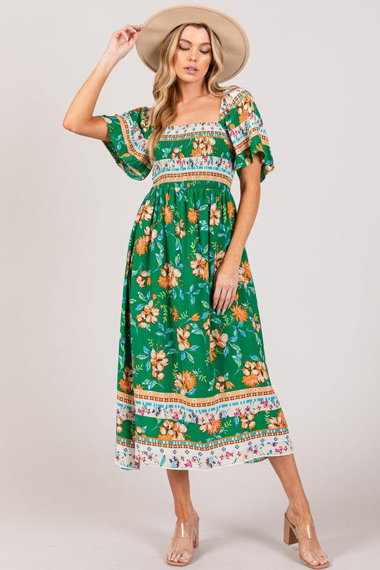 SAGE + FIG Printed Smocked Short Sleeve Midi Dress GREEN