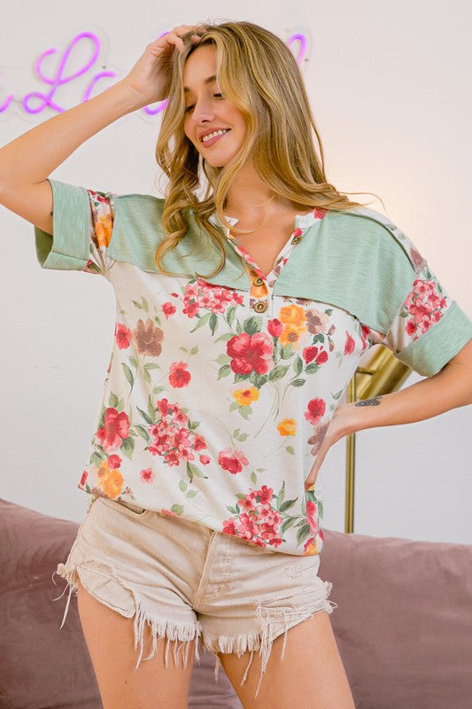 BiBi Floral Button Detail Round Neck Short Sleeve Terry T-Shirt OFF WHITE COMBO