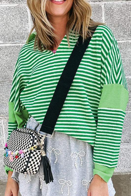 Stripe Johnny Collar Long Sleeve Top Green