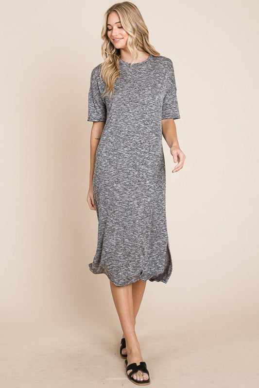 BOMBOM Slit Round Neck Half Sleeve Midi Dress Grey